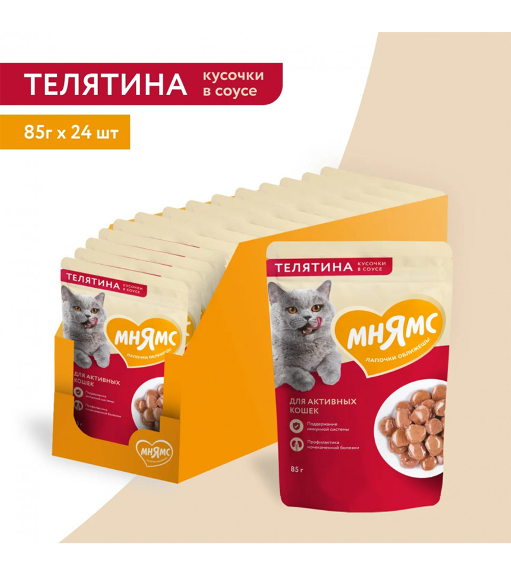 Мнямс Кусочки в соусе Телятина для активных кошек 85гр./24шт.