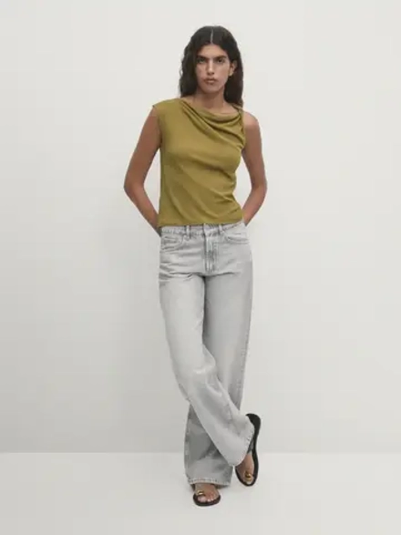 Massimo Dutti Хлопковый топ с драпировкой на плечах, зеленоватый