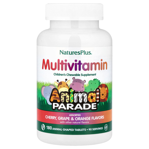 NaturesPlus, Animal Parade®, жевательные мультивитамины для детей, со вкусом вишни, винограда и апельсина, 180 таблеток в форме животных
