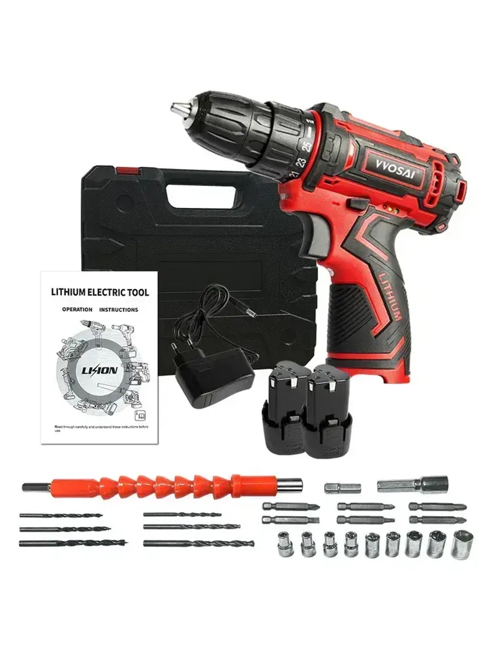 Дрель-шуруповерт аккумуляторная VVOSAI WS-3012-A2-SXP, 12В 28Нм, 2xLi-ion, ЗУ, аксессуары 24 штук, кейс для хранения