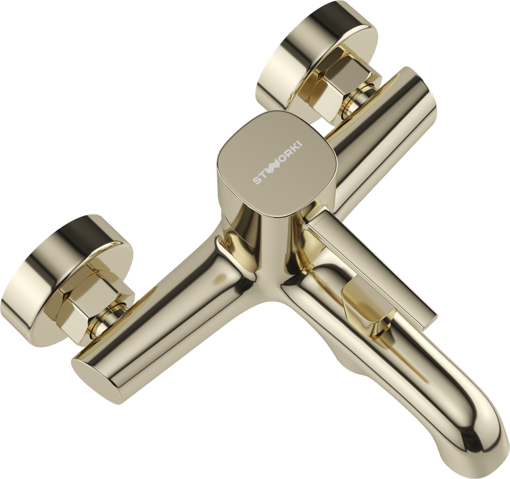 Смеситель для ванны с душем STWORKI Эстерсунд S31100GG + Душевой гарнитур Гётеборг S03190GG, глянцевое золото