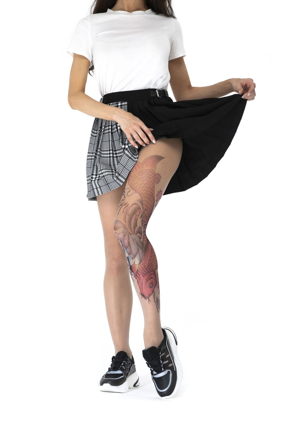 Колготки с цветным принтом в виде карпа кои на левой ножке (Размер: S-M-L) (Цвет: бежевый)