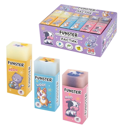 Ластик 50х21х16мм. прямоугольный "Pets" картонный держатель, экологичный ПВХ, ассорти (FUNSTER)
