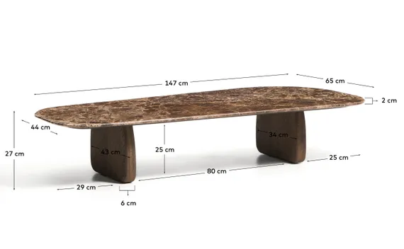 Журнальный столик Pirita, 147x65 см, коричневый мрамор, ножки дуб темный