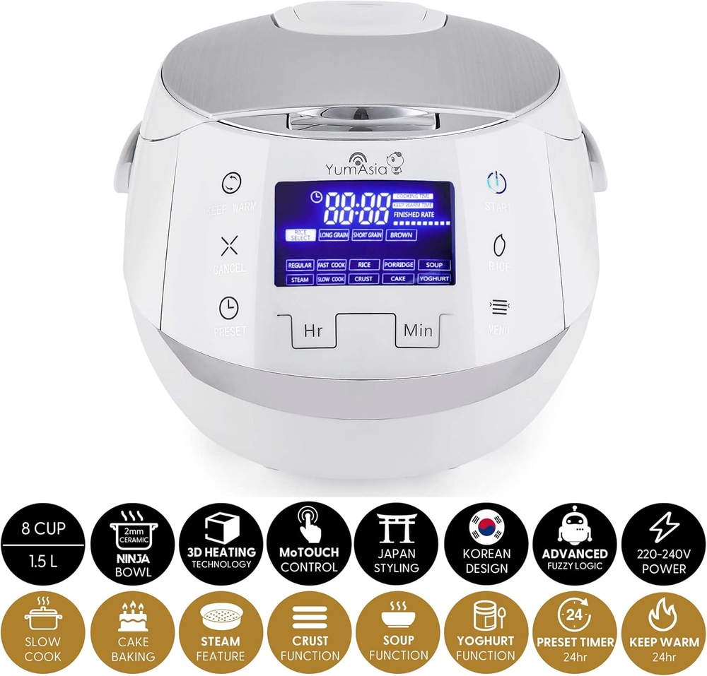 Yum Asia Рисоварка Sakura Rice Cooker, 8 чашек, 1.5 л (White and Silver)