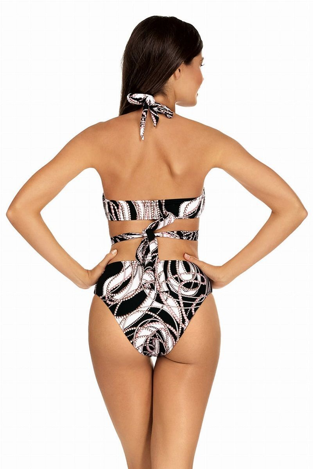 Пуш-ап купальник с рисунком в виде нитей жемчуга (Размер: 85C/42) (Цвет: черный с белым)