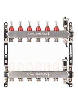 Коллектор Royal Thermo нерж. в сборе с расходомерами 1" ВР-3/4" НР с автомат. воздухоотвод-ми 6 вых.