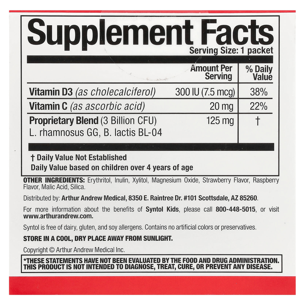 Arthur Andrew Medical, Syntol Kids, ежедневный пробиотик для детей, натуральные ягоды, 3 млрд, 30 порционных пакетиков
