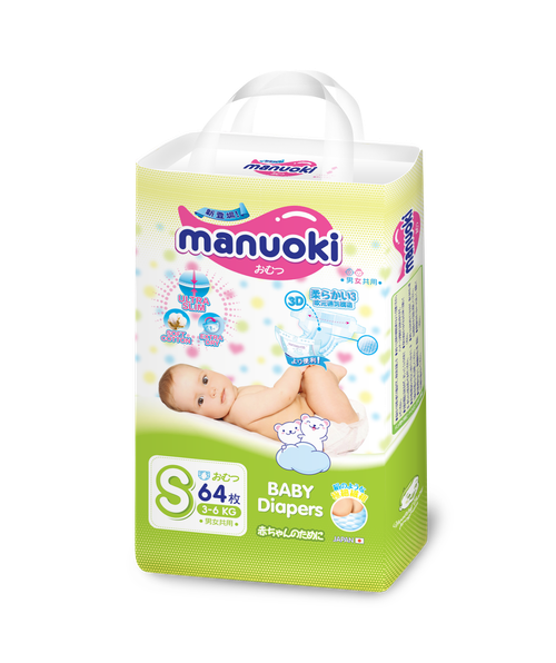 Подгузники Manuoki S 3-6 кг 64 шт