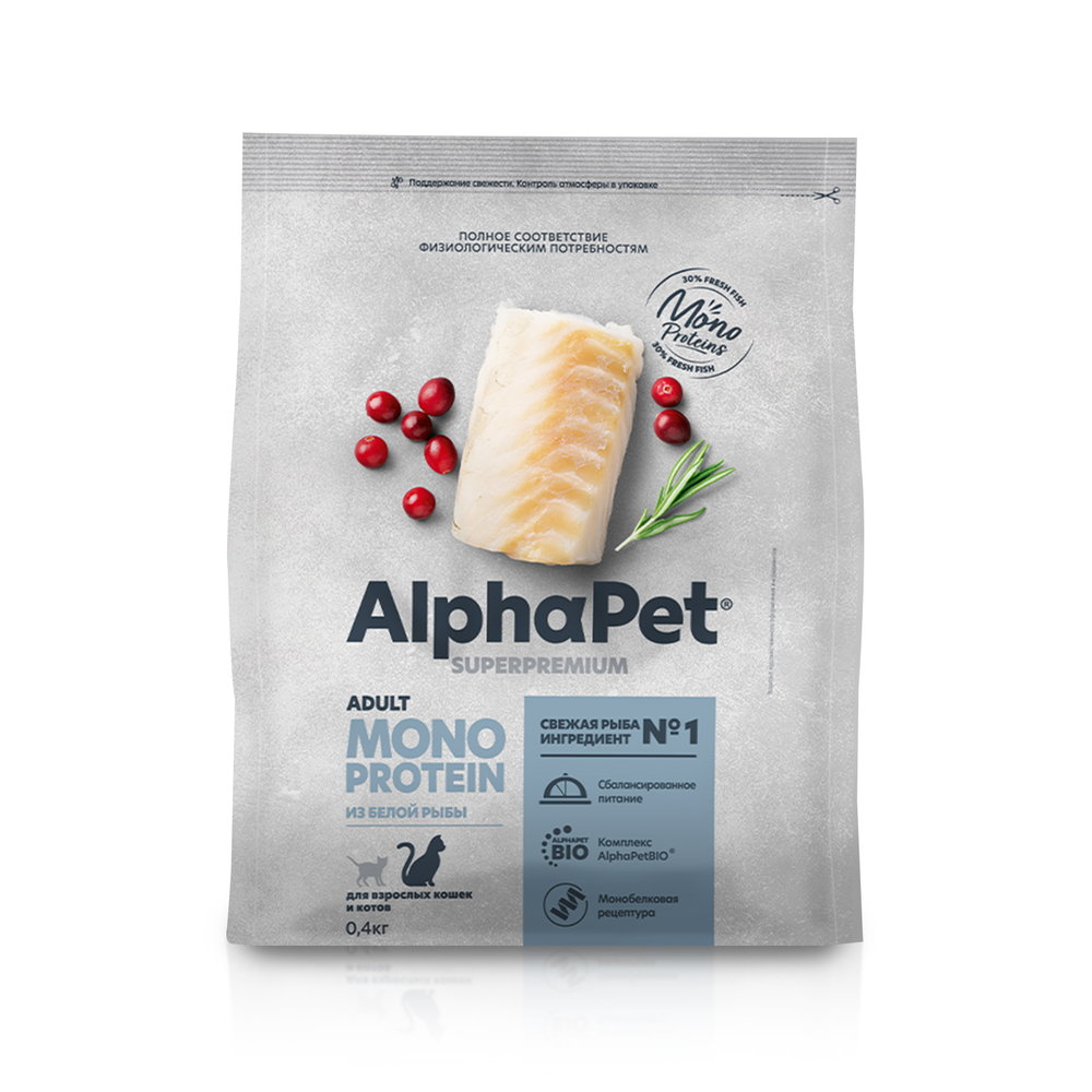 Сухой полнорационный корм ALPHAPET SUPERPREMIUM MONOPROTEIN для взрослых кошек из белой рыбы 400 г