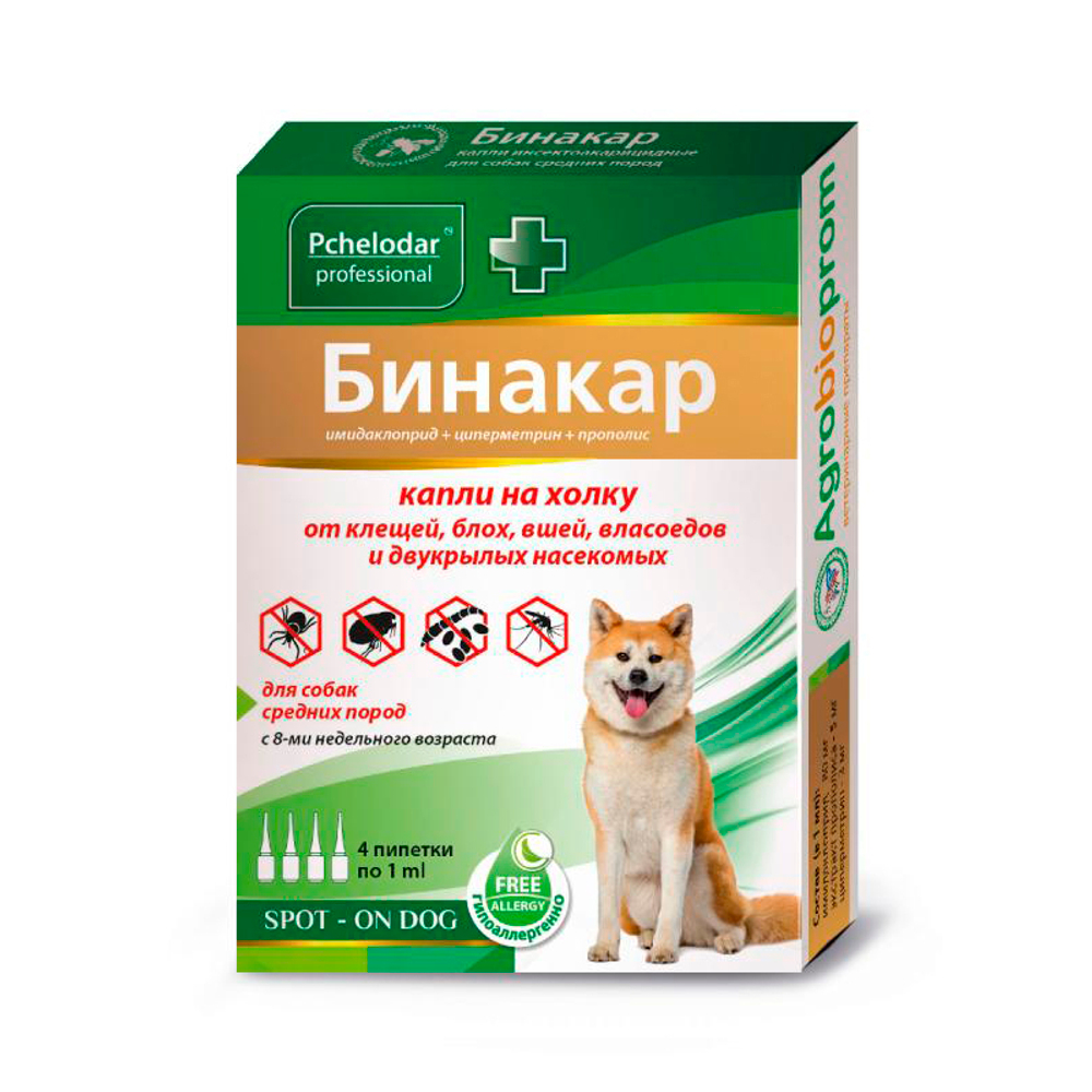 Бинакар капли на холку для собак средних пород, 4 пипетки по 1 мл
