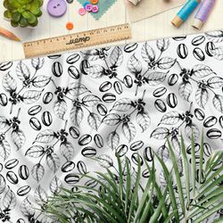 Ткань муслин эскиз кофейных листьев и зёрен