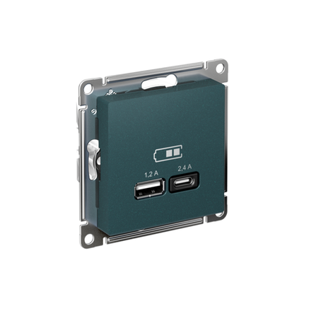 Розетка USB AtlasDesign тип A+C 5В/2.4А 2х5В/1.2А механизм изумруд SE ATN000839