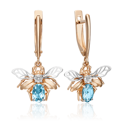 Серьги «Мухи» с английским замком из комбинированного золота с топазом и натуральным топазом white