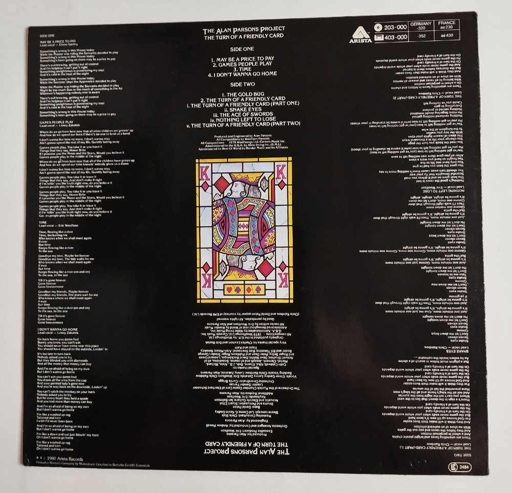 Винтажная виниловая пластинка LP The Alan Parsons Project The Turn Of A Friendly Card (Germany 1981)