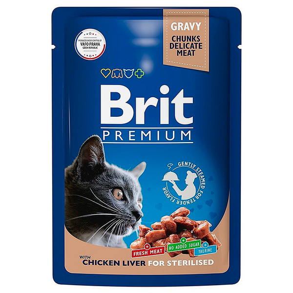 Влажный корм Brit Premium с куриной печенью в соусе для кастр. кошек 85 г (пауч Брит)