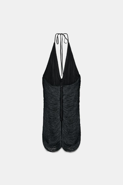 ZARA КОРОТКОЕ ПЛАТЬЕ ХАЛТЕР С БАХРОМОЙ, ЧЕРНЫЙ