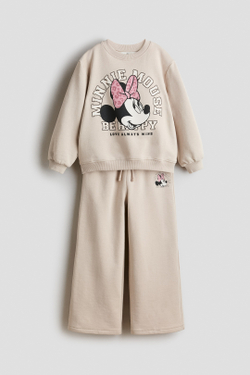H&M Комплект из брюк и толстовки с принтом Minnie Mouse, светло-бежевый
