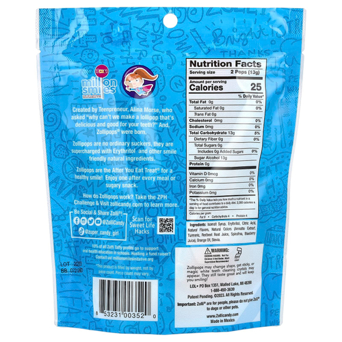 Zollipops, леденцы для чистки зубов со вкусом фруктов, прибл. 13–15 леденцов, 88 г (3,1 унции)