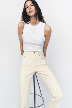 ZARA УКОРОЧЕННЫЕ ДЖИНСЫ С ВЫСОКОЙ ПОСАДКОЙ, ЖЕЛТОВАТО-БЕЛЫЙ