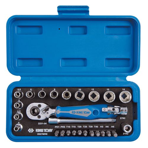 KING TONY (2027MRE) Набор торцевых головок с принадлежностями 1/4", 12-гранные, 4-14 мм, 27 предметов
