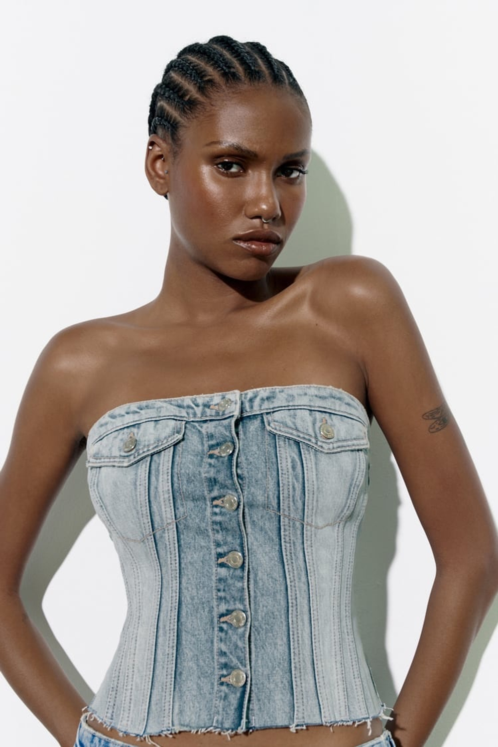 ZARA ДЖИНСОВЫЙ ТОП В БЕЛЬЕВОМ СТИЛЕ TRF, ГОЛУБОЙ