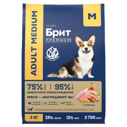 BRIT PREMIUM, Сухой корм с курицей для взрослых собак средних пород "Dog Adult Medium", 3кг, 5049950