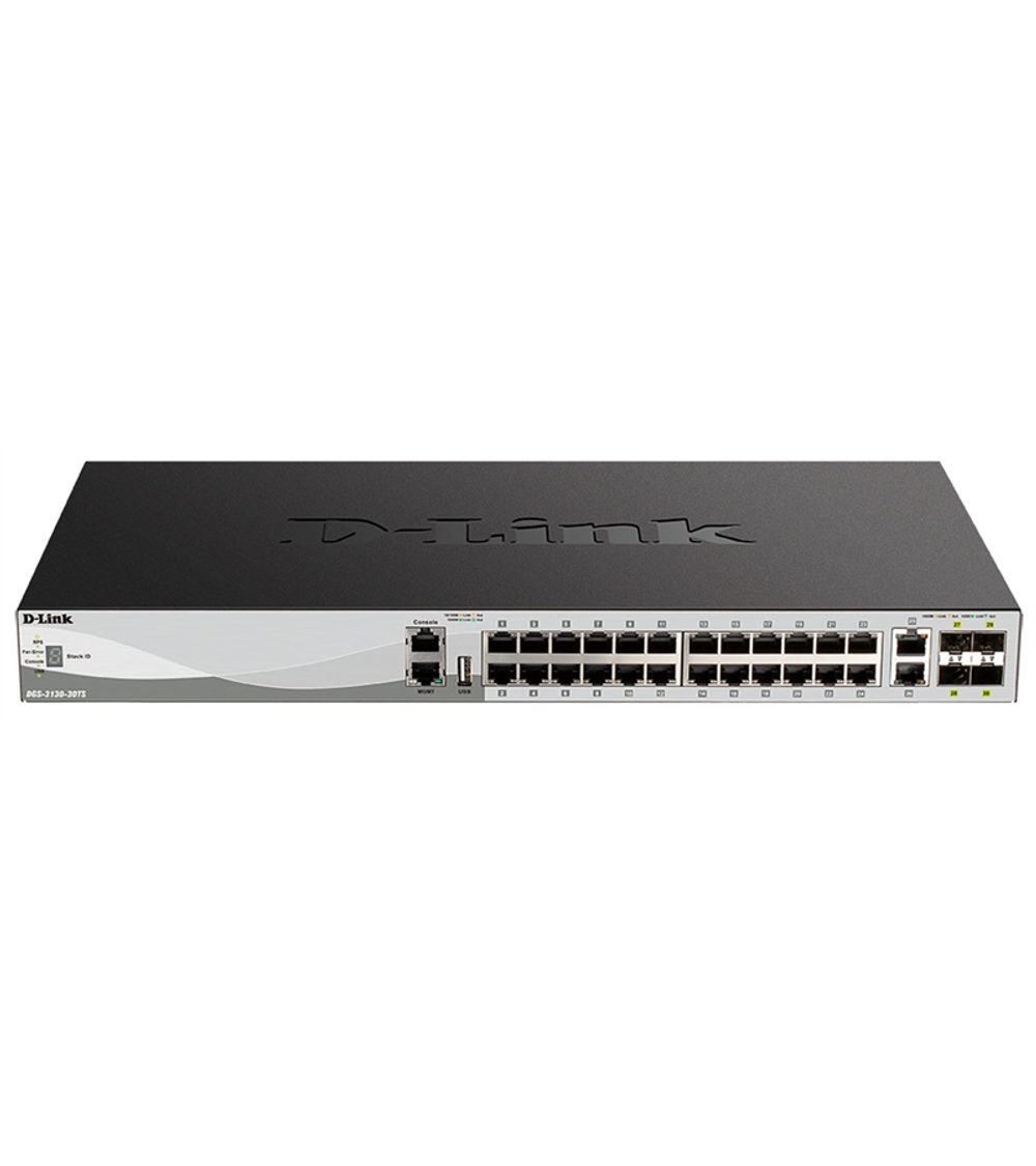 D-Link PROJ Managed L3 Stackable Switch 24x1000Base-T, 2x10GBase-T, 4x10GBase-X SFP+, Surge 6KV, CLI, 1000Base-T Management, RJ45 Console, USB, RPS, Dying Gasp