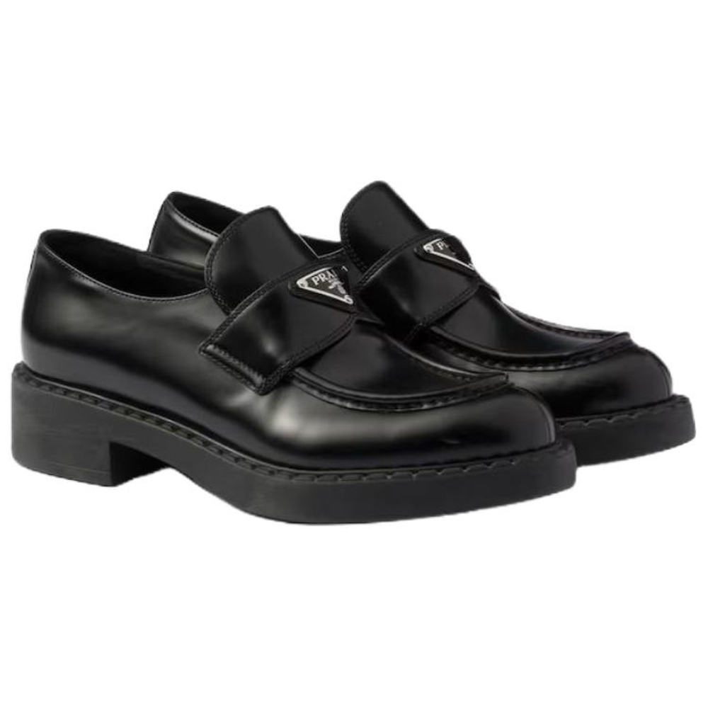PRADA Chocolate 50mm Brushed Leather Loafer "Black" Women"s