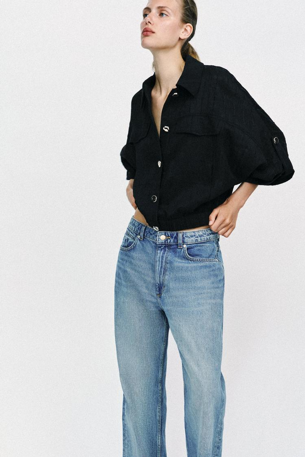 ZARA БЛУЗА-САФАРИ С ПОДВЕРНУТЫМИ РУКАВАМИ, ЧЕРНЫЙ