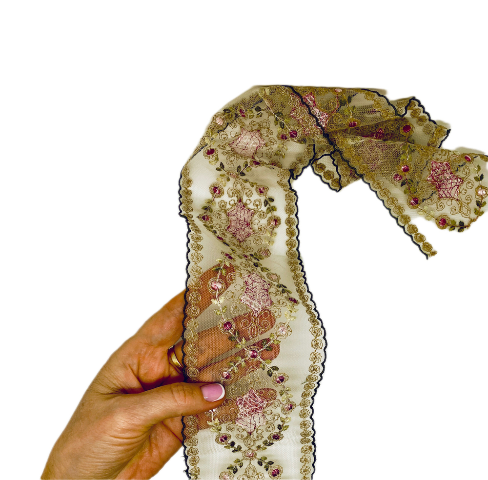 Кружево тонкое на сетке цветное ш-8см Франция. (хлопок/шелк). 1 м