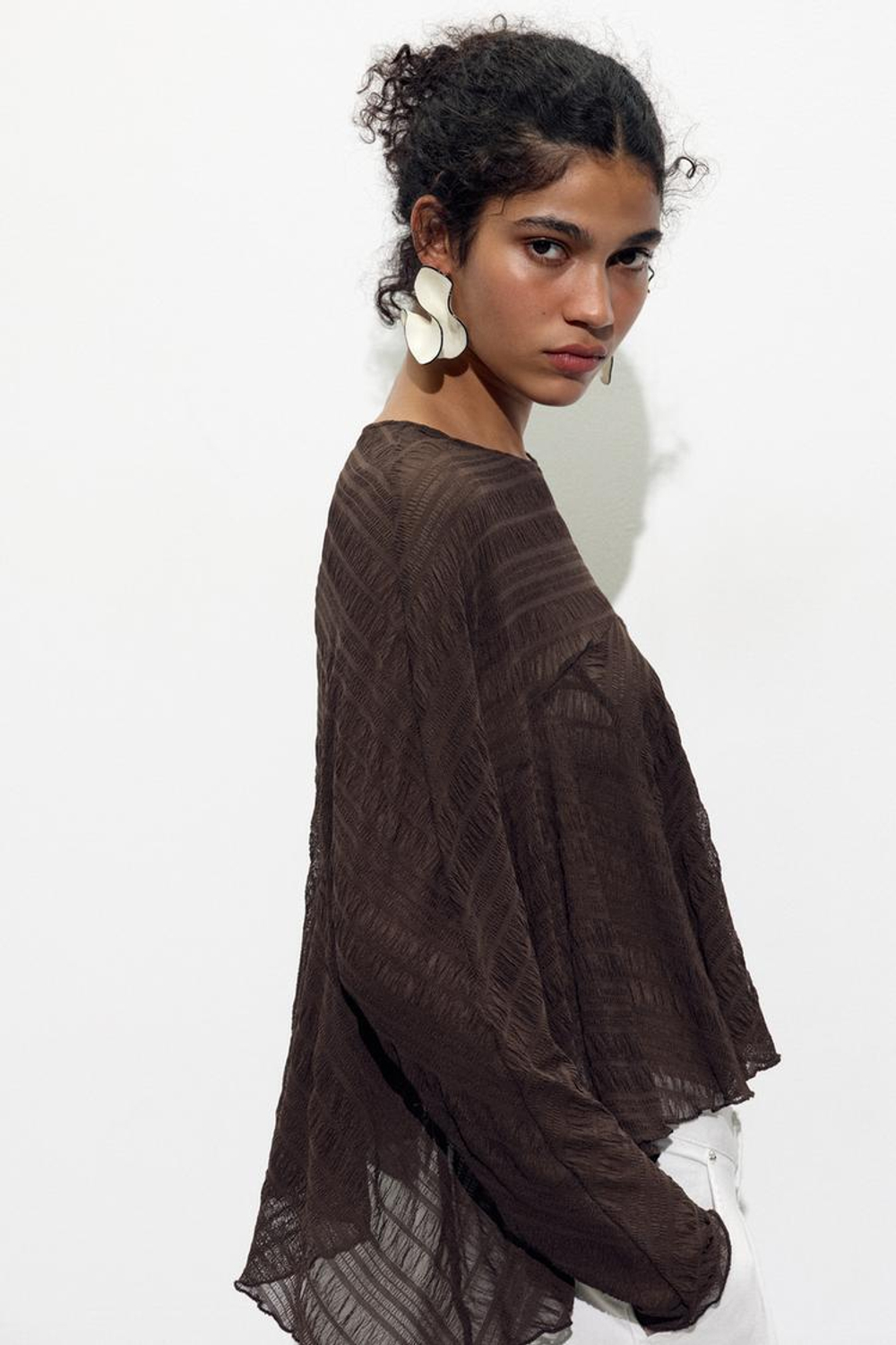 ZARA ТОП-НАКИДКА ИЗ ТКАНИ С РЕЛЬЕФНЫМ УЗОРОМ, ШОКОЛАДНЫЙ