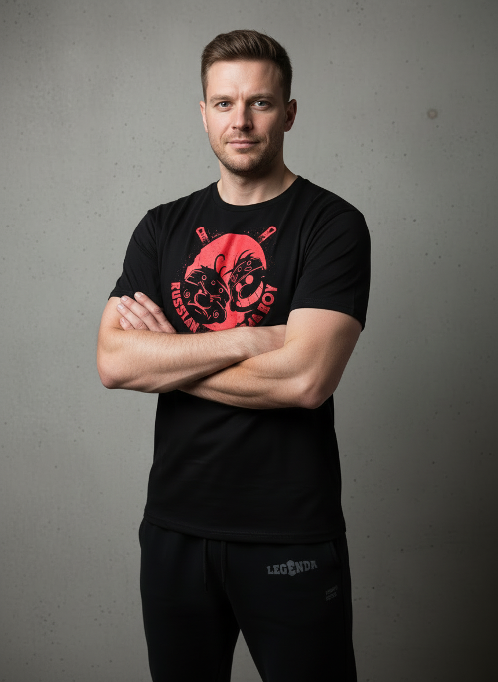 Футболка спортивная хлопковая мужская черная LEGENDA Хоккеисты красные