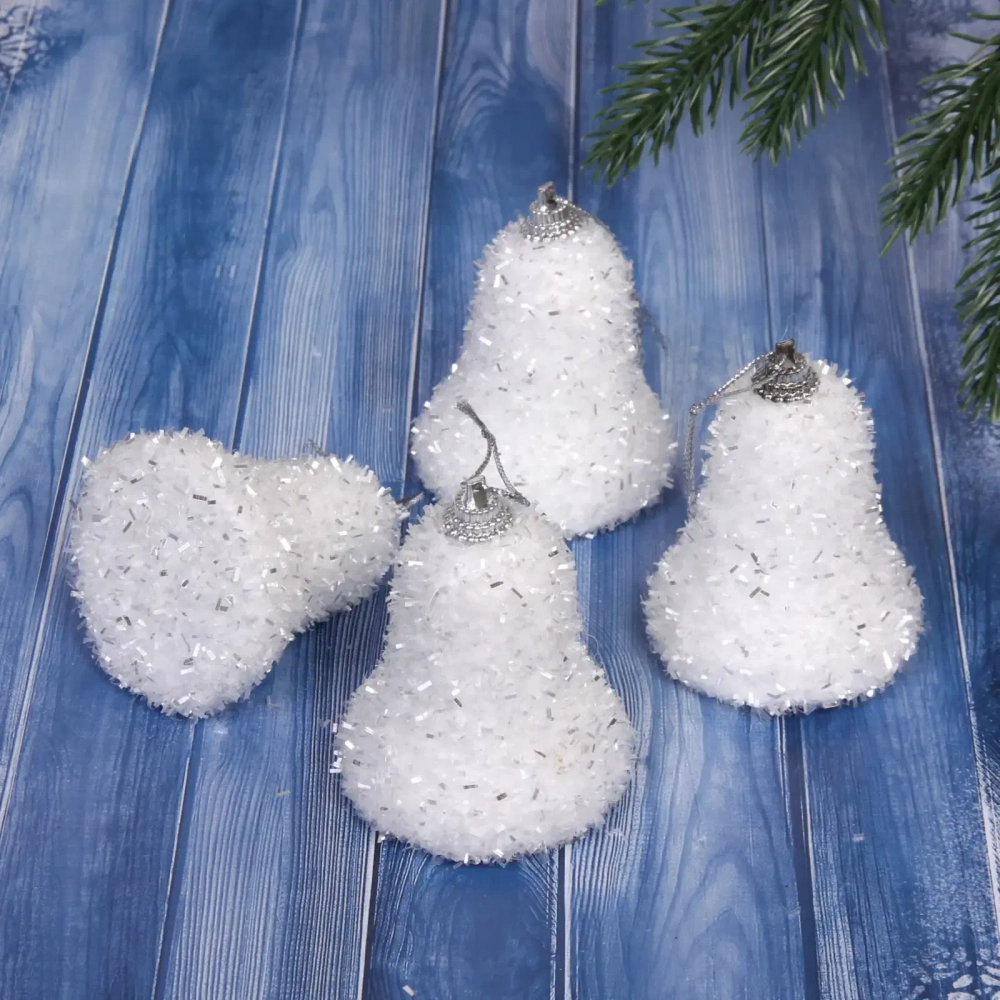 Ёлочные игрушки «Морозный иней» КОЛОКОЛЬЧИК 7 см (набор 4 шт), Белый