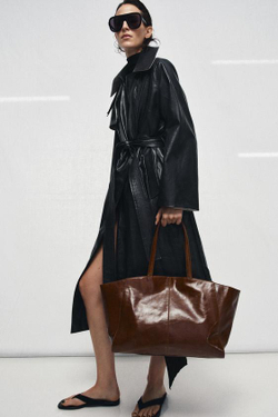 ZARA КОЖАНАЯ СУМКА-ШОПЕР С ДЕКОРАТИВНОЙ СТРОЧКОЙ, ТЕМНЫЙ РЫЖЕВАТО-КОРИЧНЕВЫЙ