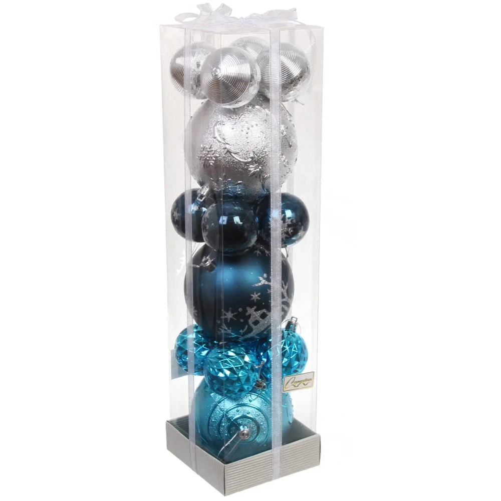 Набор шаров «Winter ice» 10 см + 5 см (15 предметов), Серебро/Сапфир/Голубой