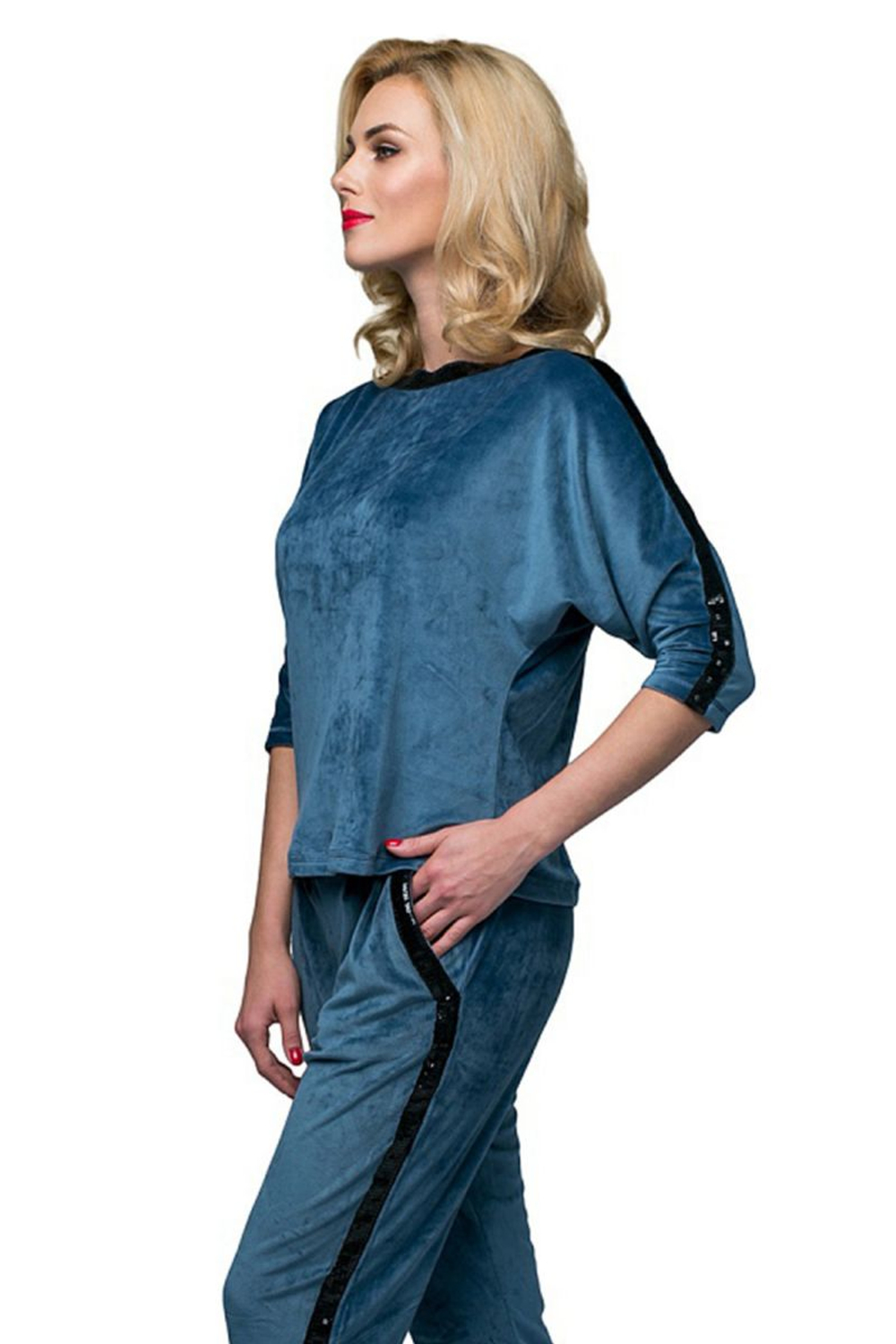 Домашний костюм из бархатистой ткани с декором из пайеток (Размер: XL) (Цвет: голубой)