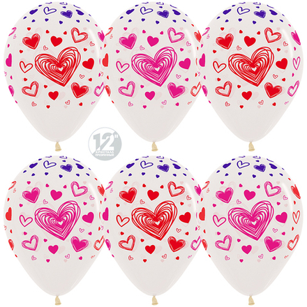 Воздушный шар для свадьбы (12''/30 см) Разноцветные сердца, Прозрачный (390), кристалл, 5 ст