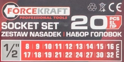 Набор головок с трещоткой и удлинителем 20пр.1/2''(6гр)(8-19,21,22,24,27,30,32мм),в пласт. держателе FORCEKRAFT FK-019-5K