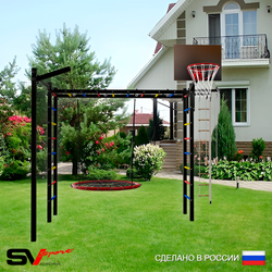Уличная шведская стенка Sv Sport рукоход с комплектом турник прямой У5223.1К (Турник/Гнездо 100см/Щит баскет/Кронш бокс/Канат/кольца/лестница)