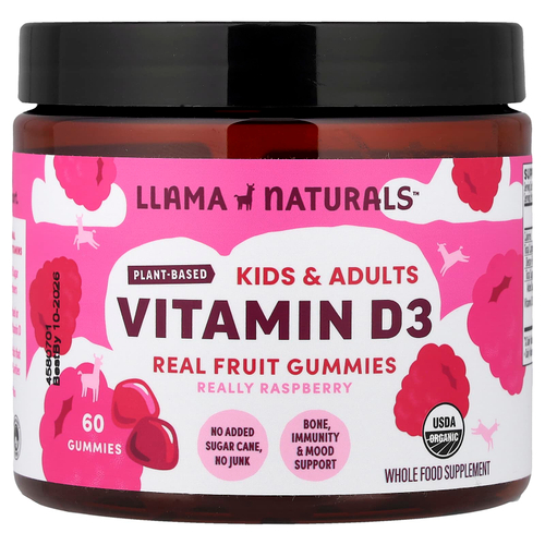Llama Naturals, растительный витамин D3 для детей и взрослых, натуральный фруктовый жевательный вкус, малина, 60 жевательных таблеток
