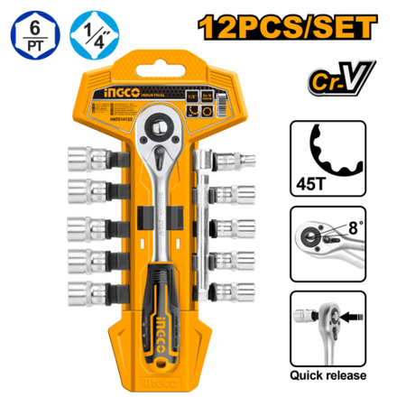 Набор торцевых головок с трещоткой INGCO HKTS14122 INDUSTRIAL 1/4" 5-14 мм 12 шт.