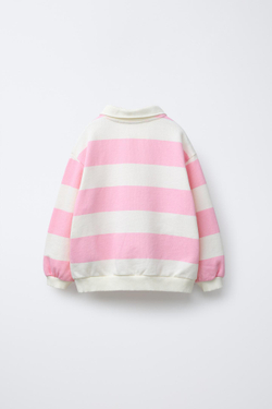 ZARA ТОЛСТОВКА ПОЛО В ПОЛОСКУ С ВЫШИВКОЙ, МЯГКИЙ РОЗОВЫЙ