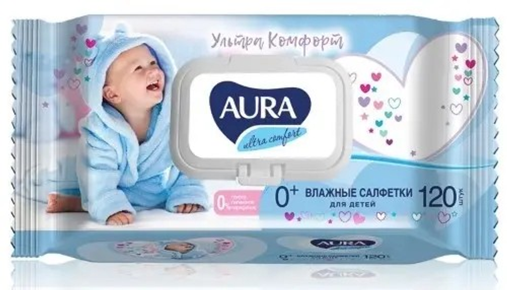 Влажные салфетки детские Aura Ultra Comfort Алоэ/Витамин Е №120 клапан