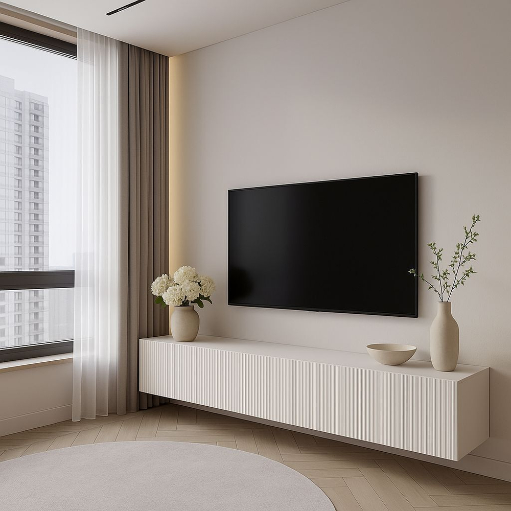 Тумба под телевизор напольная Белый глянец, Сканди, 213х35х50,2 см Стиль