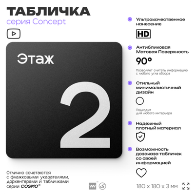 Табличка Этаж 2, на дверь и стену, навигационная и информационная, серия CONCEPT, 18х18 см, Айдентика Технолоджи