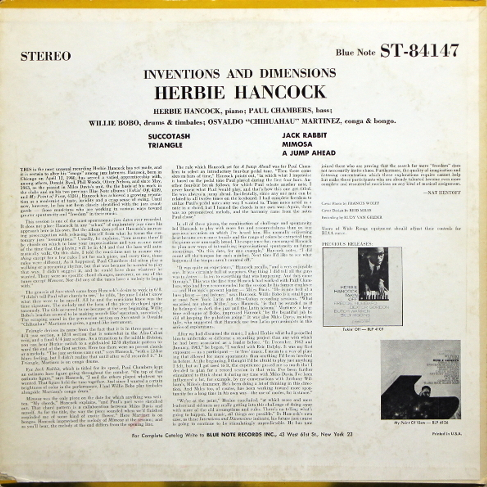 Herbie Hancock, Paul Chambers, Willie Bobo,  Osvaldo Martinez / Inventions & Dimensions (LP)