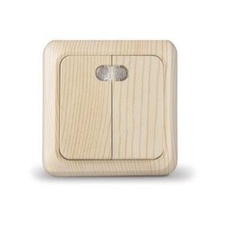 Выключатель двухклавишный с подсветкой "UNIVersal" серия "Олимп", о/у, 10А, 220В, сосна (еврослот) (