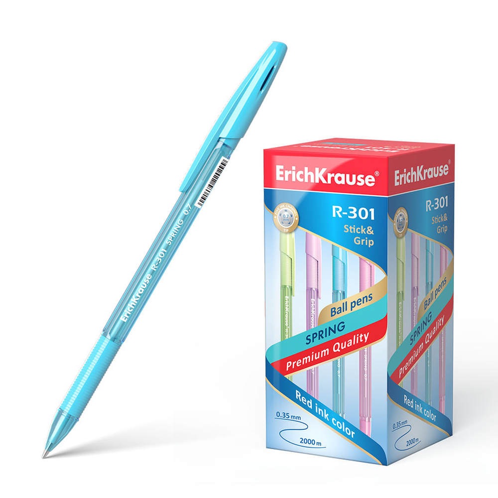 Ручка шариковая ErichKrause "R-301 Spring Stick&Grip", синяя, 0,7мм