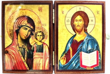 Складень мини 7,5х10 Господь и Казанская БМ на дереве (Давыдов и сыновья)